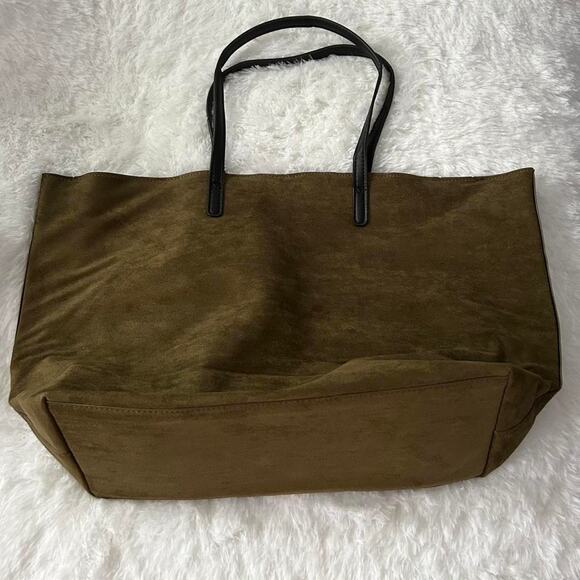 Neiman Marcus Olive Green Faux Suede Pink Black Stripes L Large Tote Bag Preppy - Picture 6 of 7